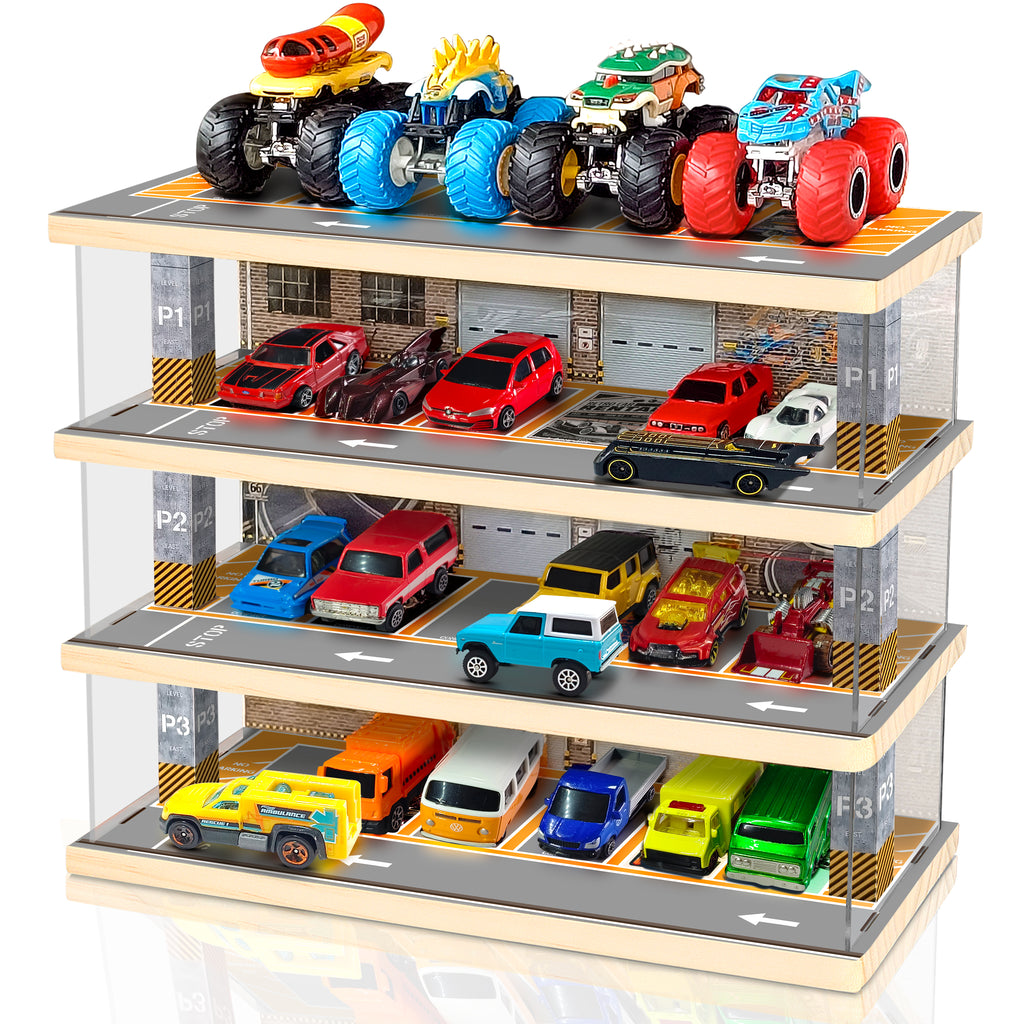Waivvy Hot Wheels Storage Parking Garage - Toy Car Garage with Lights, Freestanding Display Case, Parking Garage Diorama for 1/64 Scale Diecast Cars with 4 Levels 24 Spots Maximum 40 Cars