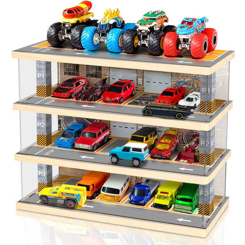 Waivvy Hot Wheels Storage Parking Garage - Toy Car Garage with Lights, Freestanding Display Case, Parking Garage Diorama for 1/64 Scale Diecast Cars with 4 Levels 24 Spots Maximum 40 Cars