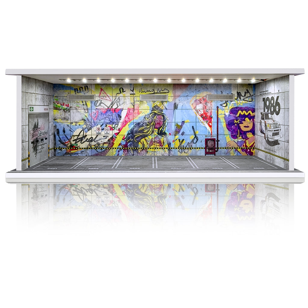 Waivvy Hot Wheels Display Case - Parking Garage with LED Light for 1/64 Scale Matchbox Toy Car, FoamBoard Storage Case for Monster Trucks with Acrylic Cover (Graffiti Wall 1986))