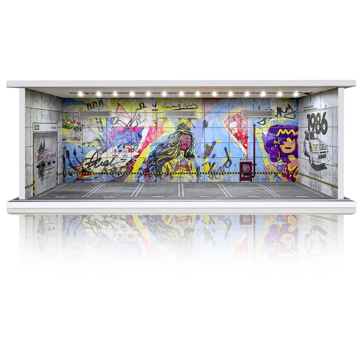 Waivvy Hot Wheels Display Case - Parking Garage with LED Light for 1/64 Scale Matchbox Toy Car, FoamBoard Storage Case for Monster Trucks with Acrylic Cover (Graffiti Wall 1986))