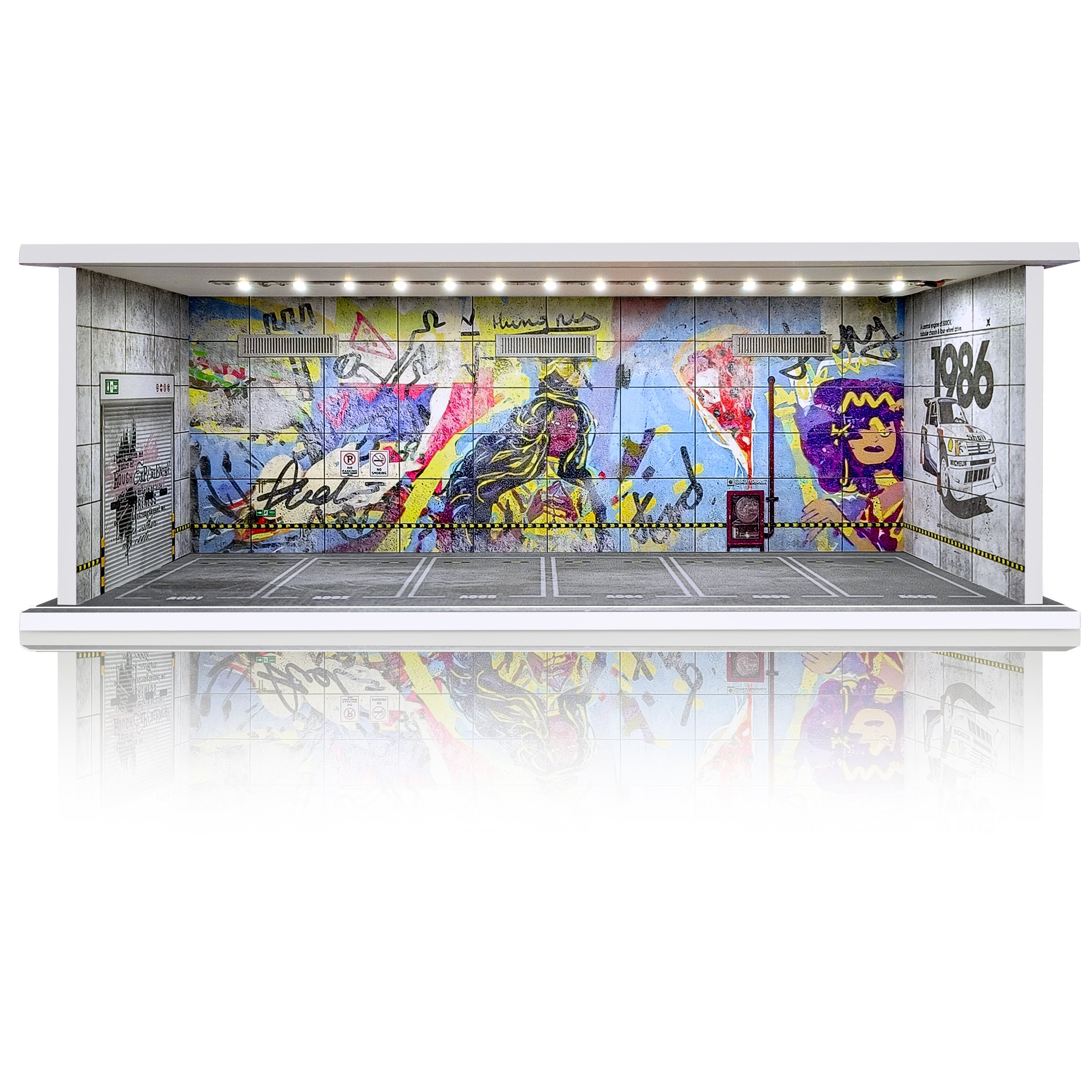 Waivvy Hot Wheels Display Case - Parking Garage with LED Light for 1/64 Scale Matchbox Toy Car, FoamBoard Storage Case for Monster Trucks with Acrylic Cover (Graffiti Wall 1986))