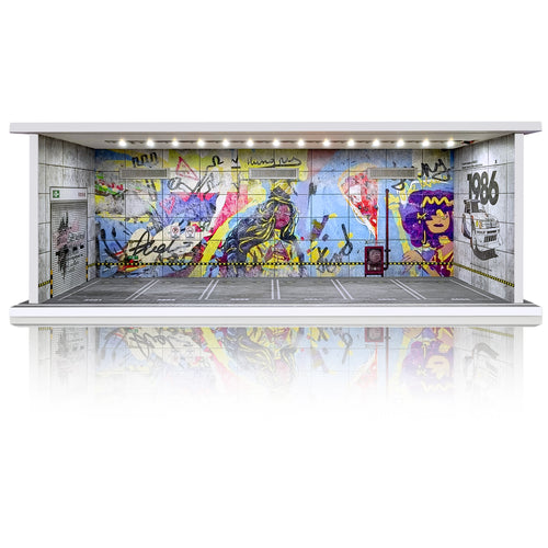 Waivvy Hot Wheels Display Case - Parking Garage with LED Light for 1/64 Scale Matchbox Toy Car, FoamBoard Storage Case for Monster Trucks with Acrylic Cover (Graffiti Wall 1986))