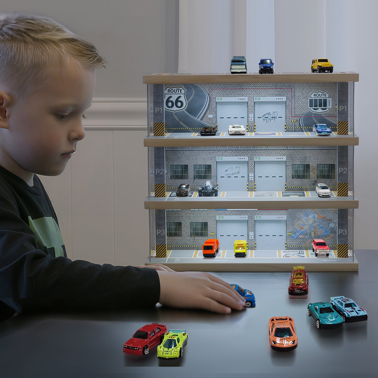 Waivvy Hot Wheels Storage Parking Garage - Toy Car Garage with Lights, Freestanding Display Case, Parking Garage Diorama for 1/64 Scale Diecast Cars with 4 Levels 24 Spots Maximum 40 Cars