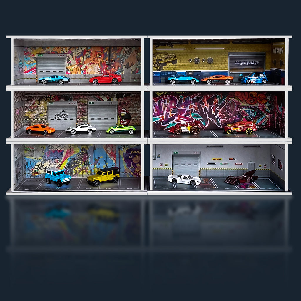 Waivvy Hot Wheels Display Case - Parking Garage with LED Light for 1/64 Scale Matchbox Toy Car, FoamBoard Storage Case for Monster Trucks with Acrylic Cover (Graffiti Wall 1986))