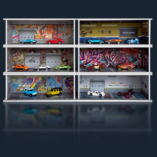 Waivvy Hot Wheels Display Case - Parking Garage with LED Light for 1/64 Scale Matchbox Toy Car, FoamBoard Storage Case for Monster Trucks with Acrylic Cover (Graffiti Wall 1986))