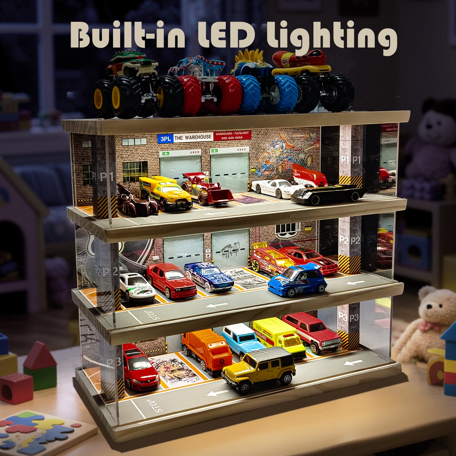 Waivvy Hot Wheels Storage Parking Garage - Toy Car Garage with Lights, Freestanding Display Case, Parking Garage Diorama for 1/64 Scale Diecast Cars with 4 Levels 24 Spots Maximum 40 Cars