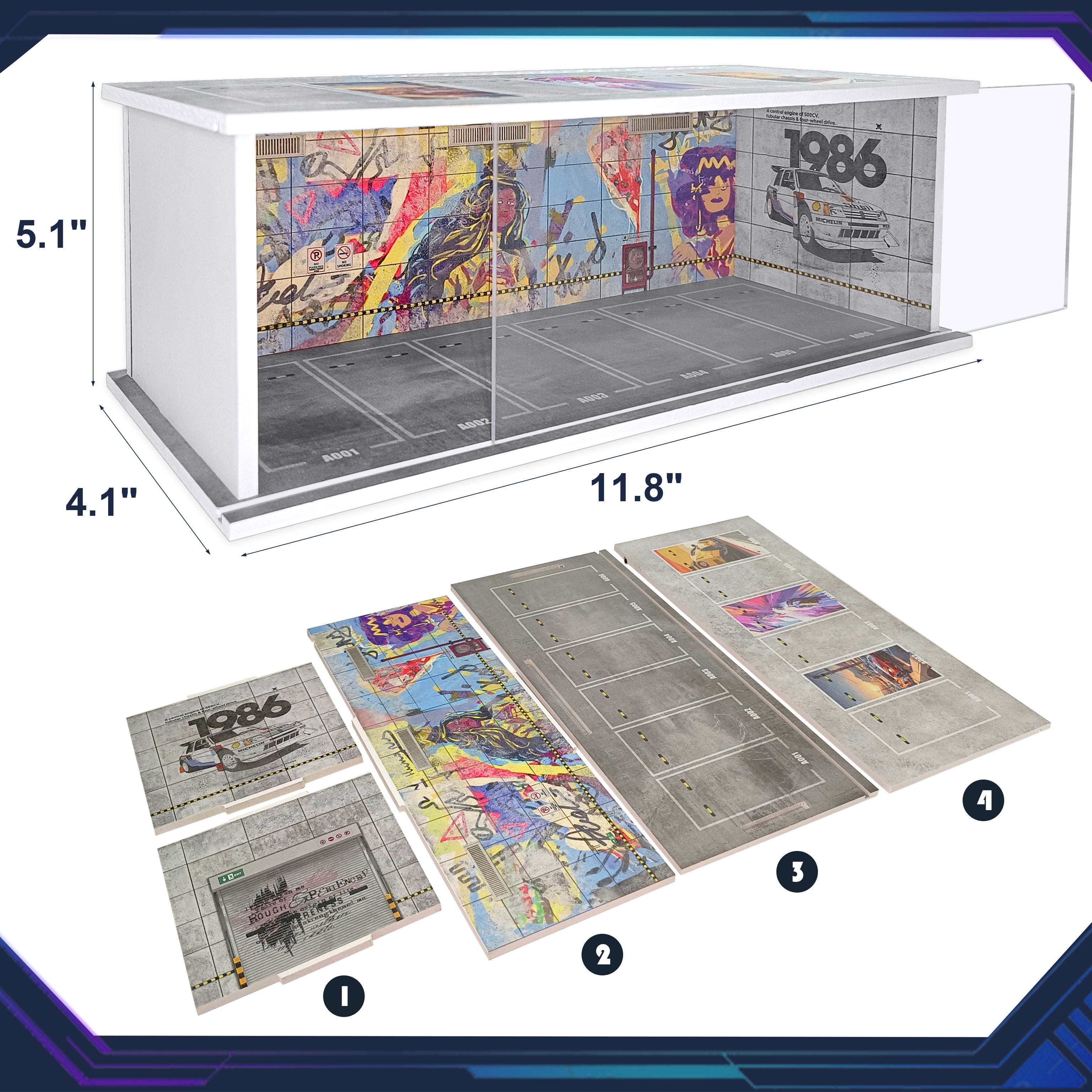 Waivvy Hot Wheels Display Case - Parking Garage with LED Light for 1/64 Scale Matchbox Toy Car, FoamBoard Storage Case for Monster Trucks with Acrylic Cover (Graffiti Wall 1986))