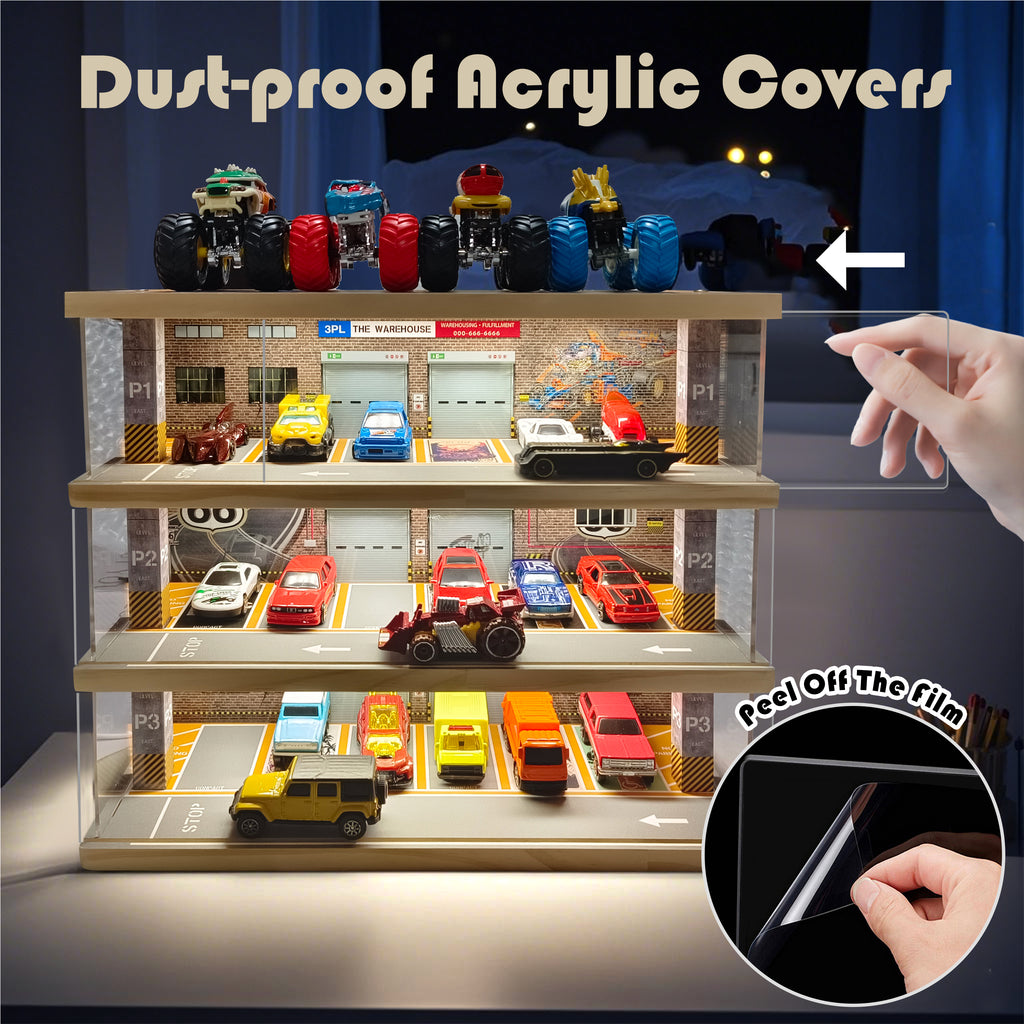 Waivvy Hot Wheels Storage Parking Garage - Toy Car Garage with Lights, Freestanding Display Case, Parking Garage Diorama for 1/64 Scale Diecast Cars with 4 Levels 24 Spots Maximum 40 Cars