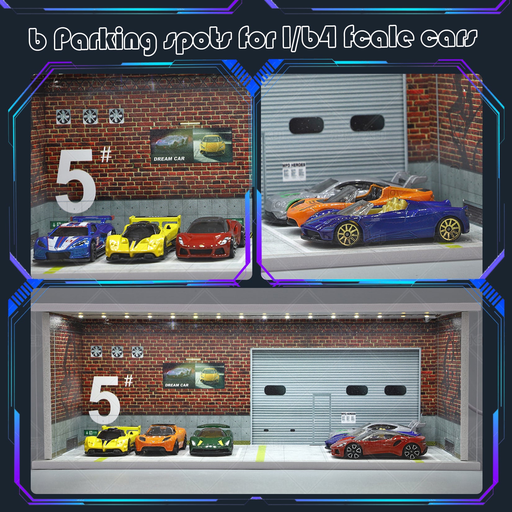 Waivvy Hot Wheels Display Case - Parking Garage with LED Light for 1/64 Scale Matchbox Toy Car, FoamBoard Storage Case for Monster Trucks with Acrylic Cover (Graffiti Wall 1986))