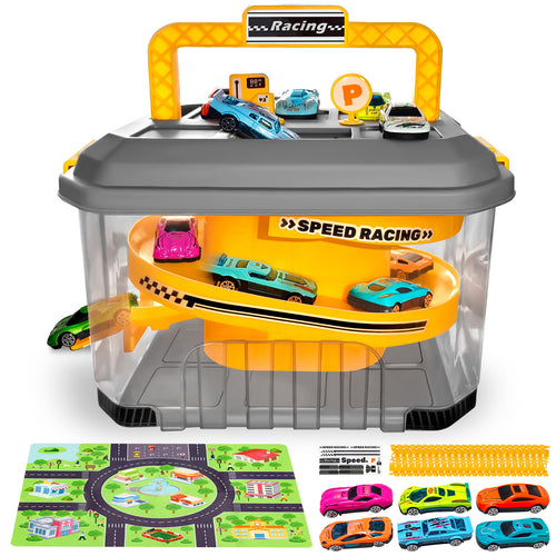 Toy Car Track Storage Playset - Toddler Toys for Ages 2-4, Car Track Set Including 12 Diecast Cars, PlayMat, Race Tracks, Car Ramp, Kids Birthday Gift for 2 3 4 5 Year Old Boys