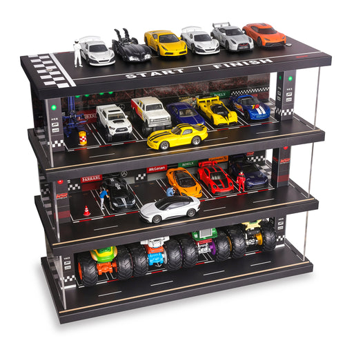 Display Case for Hot Wheels: Toy Car Garage with LED Lights, Freestanding Parking Garage Diorama for 1/64 Diecast Cars, 4-Level Storage Rack with 40 Spots – Cars Not Included