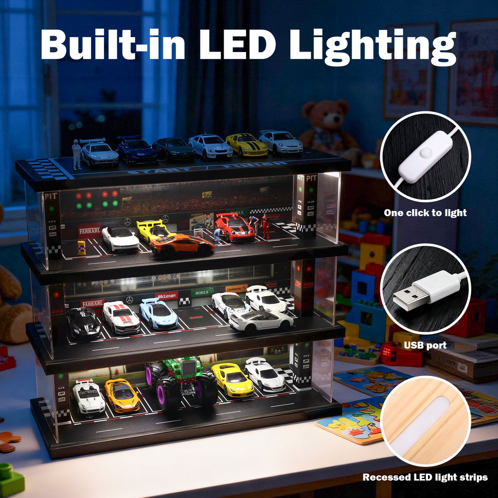 Display Case for Hot Wheels: Toy Car Garage with LED Lights, Freestanding Parking Garage Diorama for 1/64 Diecast Cars, 4-Level Storage Rack with 40 Spots – Cars Not Included