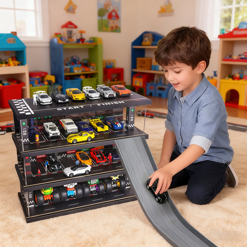 Display Case for Hot Wheels: Toy Car Garage with LED Lights, Freestanding Parking Garage Diorama for 1/64 Diecast Cars, 4-Level Storage Rack with 40 Spots – Cars Not Included