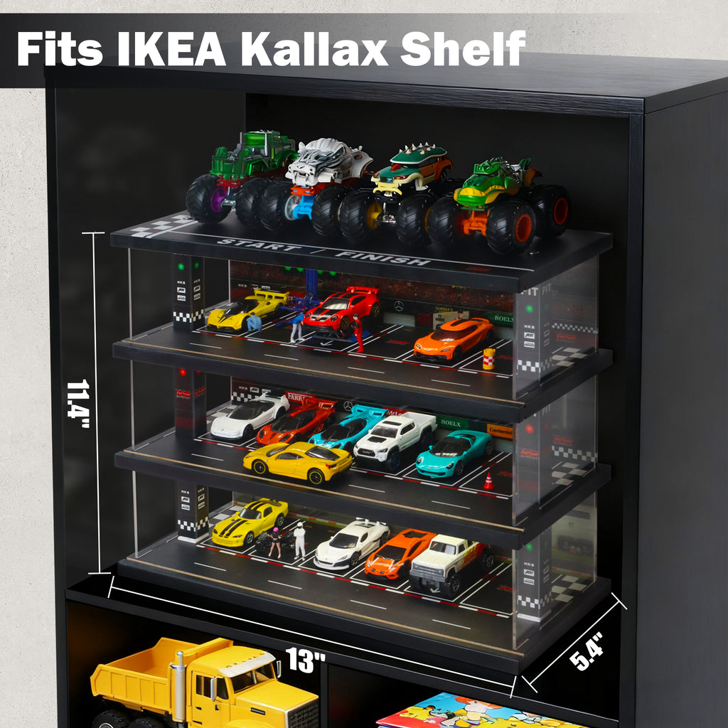 Display Case for Hot Wheels: Toy Car Garage with LED Lights, Freestanding Parking Garage Diorama for 1/64 Diecast Cars, 4-Level Storage Rack with 40 Spots – Cars Not Included