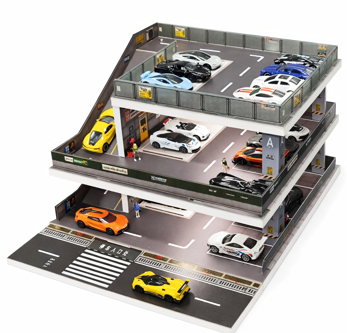 Display Case for Hot Wheels: Toy Car Garage Diorama with LED Lights, Freestanding 3-Level City Parking Lot Scene with Ramps for 1/64 Diecast Cars, Storage Display Stand Holds Up to 50+ Cars